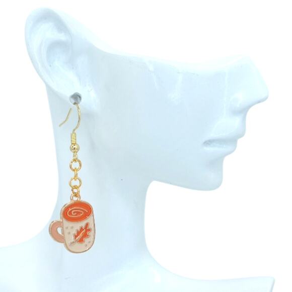 Fall Coffee Cup Earrings ☕🍁 Autumn Leaf Latte Dangle Jewelry - Picture 2 of 4